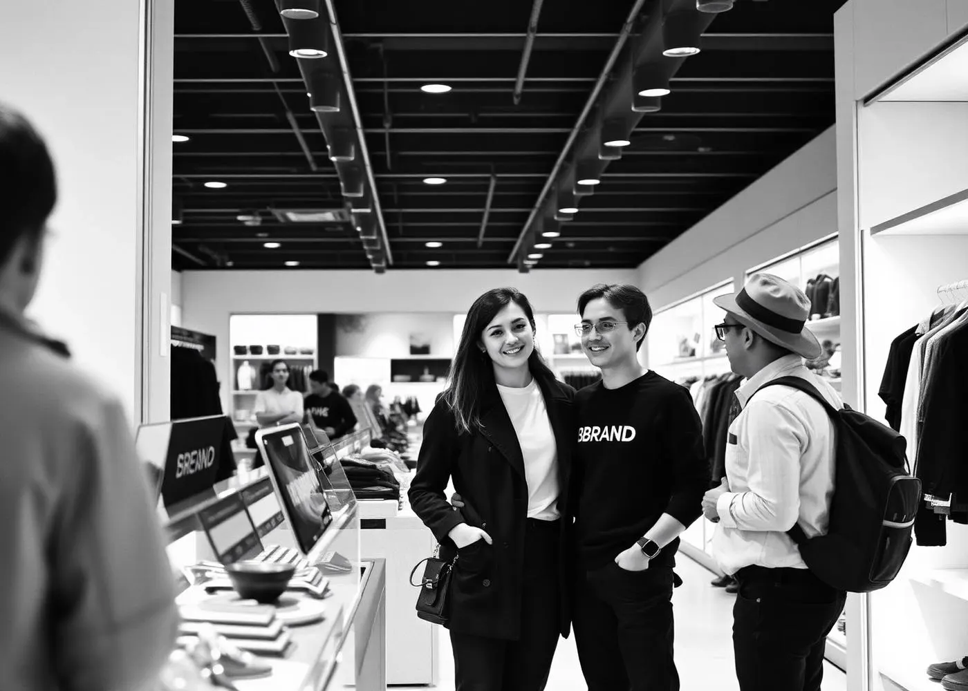 Brand representatives speaking with a customer inside an active retail store